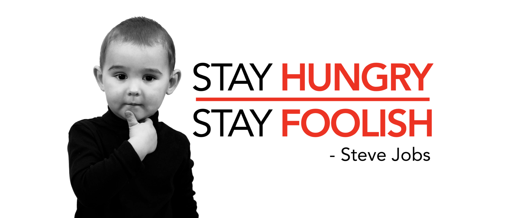 Black And White Photo Of Young Boy Steve Jobs Look-A-Like With Hand Under Chin In Black Turtle Neck Shirt